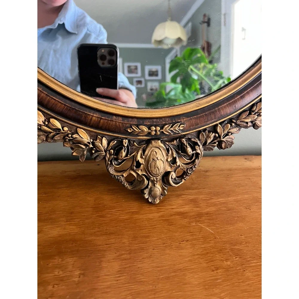 Vintage French Neoclassical Round Wood Wall Mirror Gilt Accents 22x16